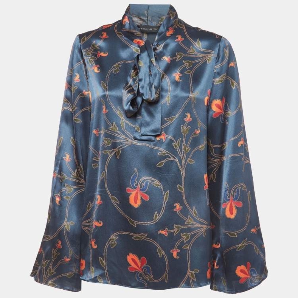 Etro Blue Floral Print Silk Satin Neck Tie Blouse L